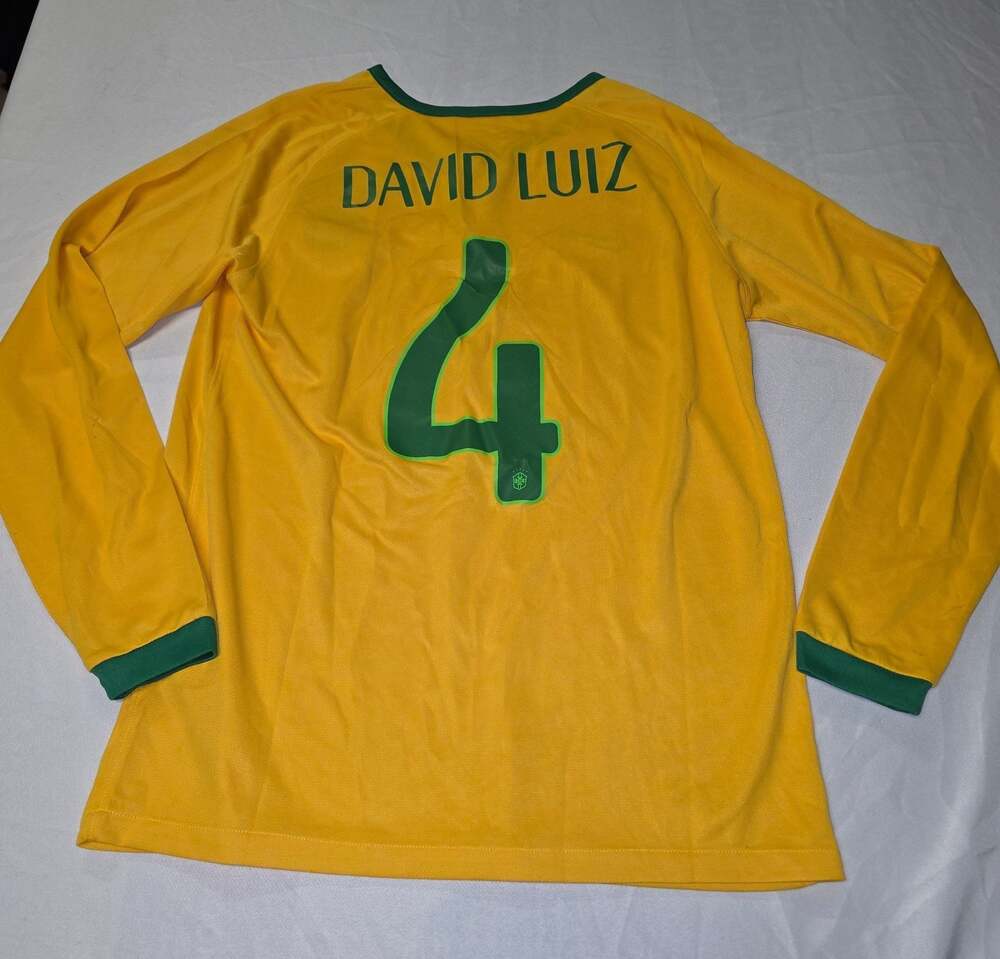 Nike Brazil 2014 David Luiz #4 Long Sleeve Home Authentic Football Soccer Jersey